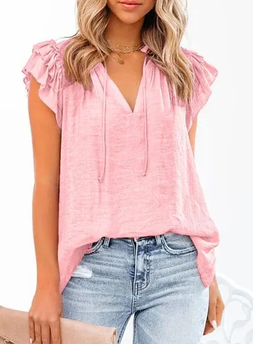 Miniatura 2 de Dokotto - Blusas informales con cuello en V para mujer, diseño de manga corta, con cordón ajustable