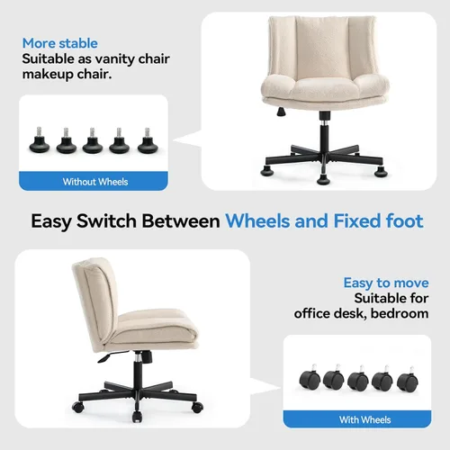 Miniatura 4 de LEAGOO Silla cruzada con ruedas, silla de maquillaje sin brazos con asiento ancho peludo, silla de tocador ajustable en altura, convertible entre