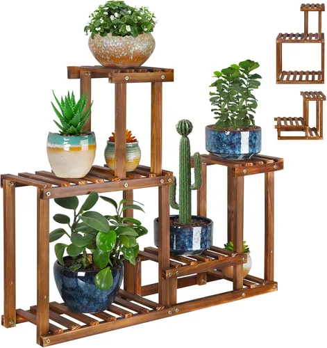 Miniatura 9 de Soporte de madera para plantas para interiores, estante de 6 niveles con forma de triángulo, soporte para macetas de múltiples niveles para patio
