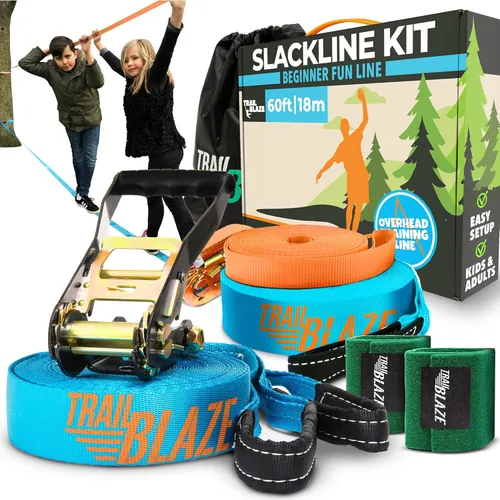 Miniatura 10 de Kit Completo de Slackline Ninja – Línea de slackline de 60 pies de largo para patio trasero para niños y adultos con correas de trinquete