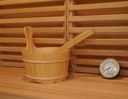 Miniatura 6 de Kit de cubo y cucharón de madera para sauna, accesorios de sauna con termómetro para cualquier barril o sauna de vapor y spa