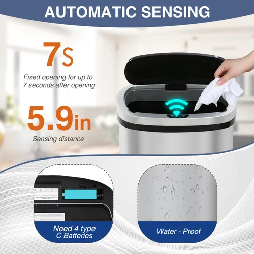 Miniatura 4 de PayLessHere Basurero de 13 galones de acero inoxidable Acero Tapa automática sin contacto con sensor de movimiento Bote de basura de cocina