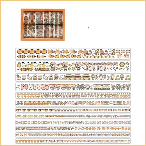 Miniatura 8 de 12 rollos de cinta kawaii de arte washi, suministros de oficina para la escuela, estética, juego de cinta adhesiva decorativa de dibujos animados
