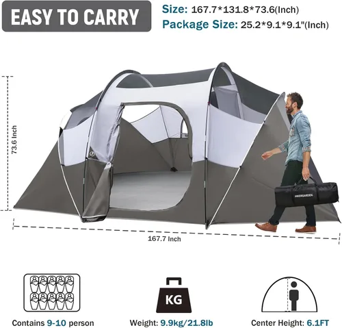 Miniatura 2 de HIKERGARDEN Tienda de Campaña para 10 Personas - Tienda Familiar Portátil de Fácil Instalación para Campamento, Tienda de Cúpula de Tela Resistente