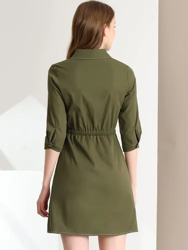 Miniatura 5 de Allegra K Vestido de manga 34 con cuello y cintura elástica para mujer, M