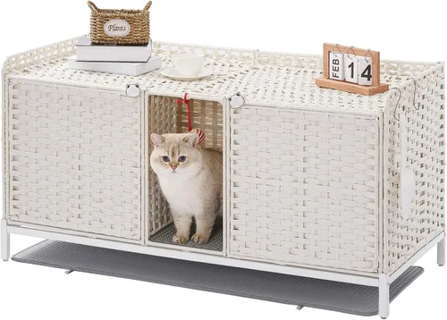 Miniatura 8 de SETVSON Mueble Caja de Arena para Gatos, Caja de Arena Oculta de Ratán Tejido a Mano con Alfombrilla, Casa Grande para Gatos con Patas Elevadas