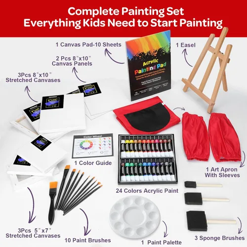 Miniatura 3 de Juego de 59 piezas de pintura acrílica, kit de suministros de arte con 24 pinturas no tóxicas, caballete, pinceles, lienzo para niños, artistas