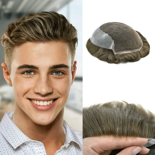 Miniatura 12 de Toupee para hombres pieza de pelo suave suizo encaje real sistema de cabello humano reemplazo blanqueado nudo mens tupé sistema de pelo para hombres