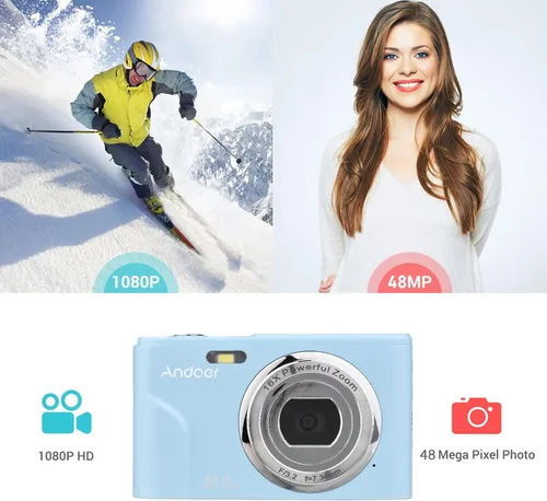 Miniatura 8 de Andoer - Cámara digital portátil de 48 Mpx. y 1080P con pantalla IPS de 2,4 pulgadas, zoom de 16x, enfoque automático, temporizador automático, Azul