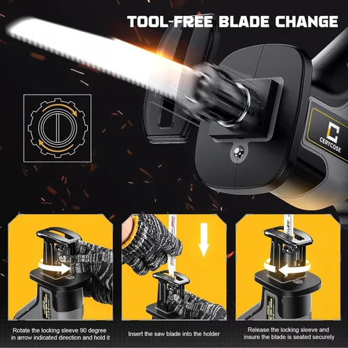 Miniatura 4 de Cerycose Sierra recíproca inalámbrica compatible con batería DeWalt de 20 V máximo, motor sin escobillas, velocidad variable 0-3000 Spm, cambio