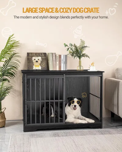 Miniatura 3 de Hzuaneri Mueble XL grande para perros, muebles de interior para perreras de 44.1 pulgadas con puerta de granero, jaula alta de madera para perros