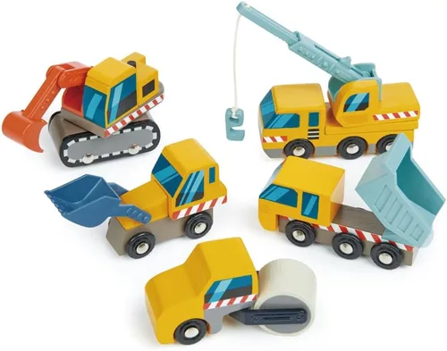 Tender Leaf Toys - Sitio de construcción - Cuatro vehículos pesados con camión grúa, rodillo de carretera, camión volquete y cargador frontal -