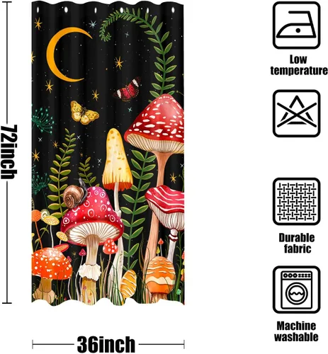 Miniatura 6 de Juego de cortinas de ducha con diseño de hongos y mariposas florales negras y rojas, tela impermeable, cortinas de ducha para baño, decoración