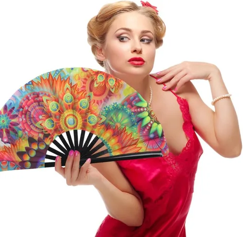 Miniatura 6 de Paquete de 2 ventiladores de mano plegables grandes para hombres/mujeres, ventilador de mano Rave Clack para baile, fiesta de discoteca, playa