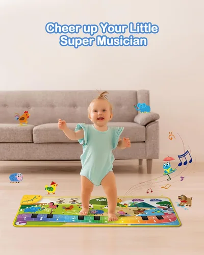 Miniatura 8 de Foki - Alfombrilla de piano para niños pequeños con 61 sonidos de música de animales, juguete educativo sensorial y musical para bailar, teclado