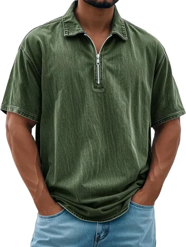 Camiseta de golf para hombre, con cremallera de 1/4, cuello en V, manga corta, casual, vintage, ajuste relajado, camisetas atléticas sólidas