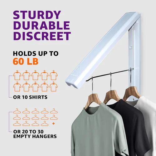 Miniatura 4 de InstaHanger Tendedero de Ropa - Tendedero de Ropa Montado en la Pared para Espacios Pequeños - Estantes de Ropa Montados en la Pared Soporta Hasta