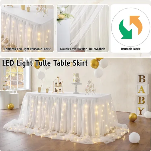 Miniatura 2 de Falda de mesa de tul blanco para baby shower, falda de mesa tutú con volantes blancos de 9 pies con luz LED para boda, despedida de soltera, baby