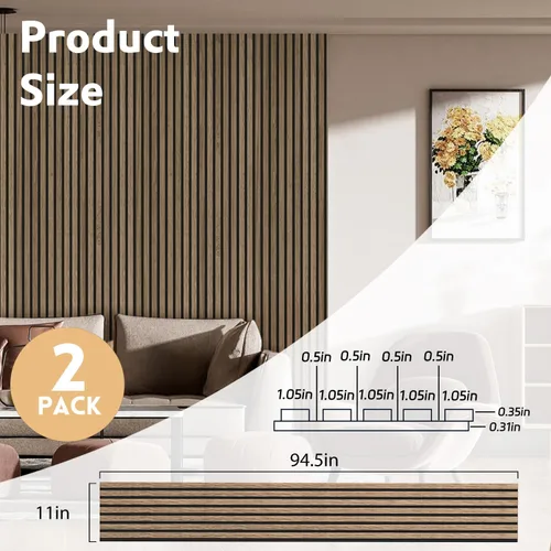 Miniatura 2 de RITOLLO Paneles de listones de madera para pared, 2 piezas de 94.5 x 11 pulgadas, paneles acústicos para decoración de pared interior, panel