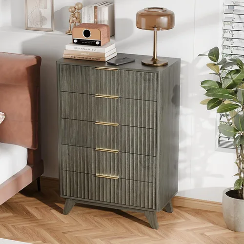 Miniatura 11 de VINGLI Cómoda alta acanalada con 5 cajones, cómoda de 23.66 pulgadas de ancho, cómoda de madera gris con bordes redondeados, aparadores grises