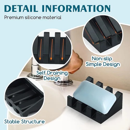 Miniatura 3 de Jabonera de silicona para jabón en barra, soporte para jabón para ducha y baño, bandeja autodrenante en cascada para secado, mantiene las pastillas