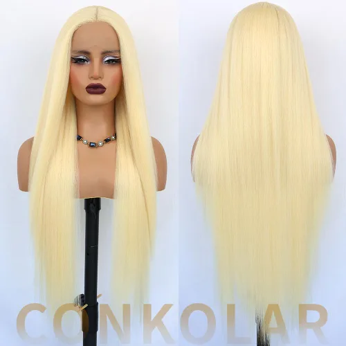 Miniatura 7 de Peluca rubia sintética con encaje frontal, predepilada 613, peluca de cabello largo para mujer, peluca sedosa y recta con parte media sin pegamento