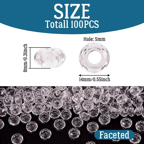 Miniatura 5 de KISSITTY - 100 cuentas europeas facetadas de vidrio transparente a granel, cuentas espaciadoras sueltas de cristal a granel, sin núcleo de metal