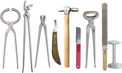 Kit de herramientas de herrador de caballos – Juego completo de 9 piezas para el cuidado de pezuñas con pinzas de pezuñas, cuchillo de pezuña,