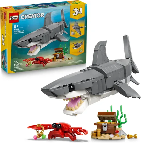LEGO Creator - Juguete de construcción de tiburón feroz con cofre del tesoro para niños y niñas – Los niños construyen una figura de animal de