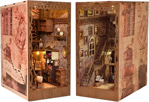 Kit de rincón de libros en miniatura para bricolaje, biblioteca de sueños académicos con luz LED, rompecabezas de diorama de sujetalibros de madera