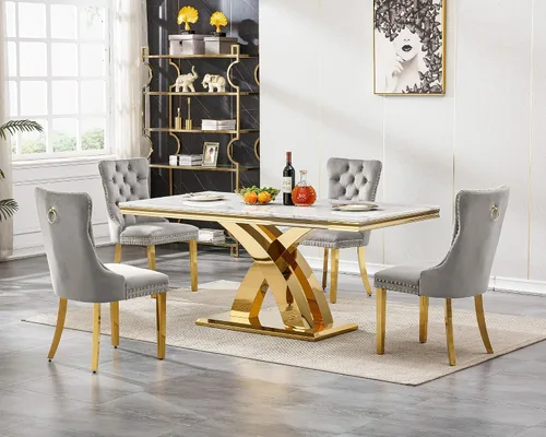 Miniatura 24 de Moderno juego de mesa de comedor de mármol para 4, juego de mesa de comedor de lujo para 4, mesa de comedor de mármol sintético de 68 pulgadas