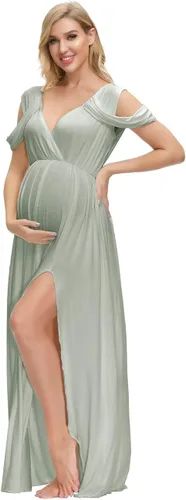 Miniatura 2 de VSNOW Vestido de maternidad para sesión de fotos hombros descubiertos manga caída vestido de accesorio de fotos vestido dividido maxi vestidos