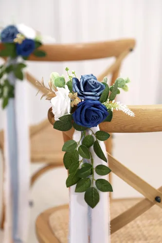 Miniatura 4 de Arreglo floral de pasillo para la ceremonia de la boda, juego de 10 flores para sillas de la iglesia, decoración para fiestas con flores Azul
