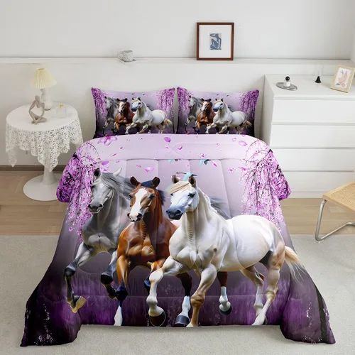 Miniatura 16 de Feelyou Juego de edredón tamaño individual con diseño de caballo y cerezo en flor de galope para niños, adolescentes, edredón occidental, decoración