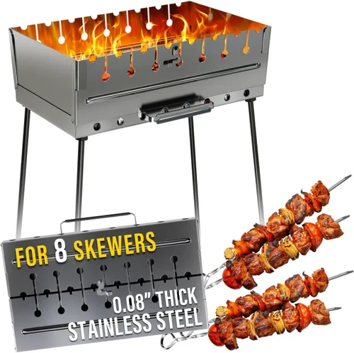 Miniatura 8 de MHH Parrilla de carbón para 8 pinchos - Barbacoa portátil de 43 cm × 30 cm × 43 cm Parrilla de camping para pinchos - Mangal de metal plegable