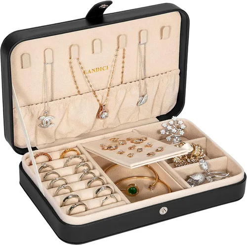 LANDICI - Caja de joyería pequeña para mujeres y niñas, estuche organizador de joyería de viaje de cuero PU, soporte portátil para almacenamiento de