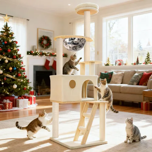 Árbol para gatos de madera maciza de 65 pulgadas, moderno, torre para gatos de varios niveles para gatos de interior, torre resistente para gatos