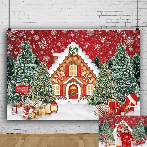 Miniatura 7 de Telón de fondo de Navidad de pan de jengibre, 7 x 5 pies, fondo de fotos de casa de jengibre rojo para fotografía, nieve de invierno, árbol