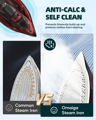 Miniatura 4 de OMAIGA Plancha de vapor para ropa, plancha de 1500 W con calentamiento rápido, suela de cerámica antiadherente, ráfaga de vapor, autolimpieza