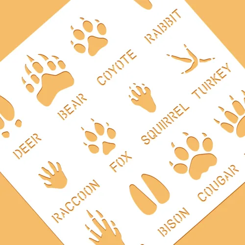 Miniatura 4 de BENECREAT 12 plantillas de huellas de animales, 12 x 12 pulgadas, plantillas de dibujo de ciervos/osos/conejos/zorros/pavo, para pintura de pared