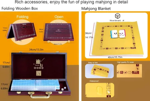 Miniatura 6 de Juego de mahjong chino en miniatura con mesa plegable 144 mini-azulejos, estuche y accesorios, juego de viaje (azul, 0.866 in)