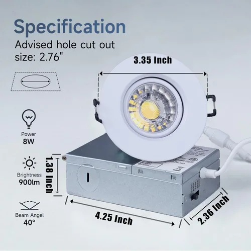 Miniatura 4 de ZYC Luces LED Empotradas Gimbal de 3 pulgadas - Paquete de 4 Luces de Techo Empotradas con Ribete Blanco, Luz LED Gimbal Sin Lata Tipo Ojo, 5