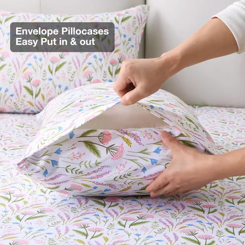 Miniatura 61 de Viviland Juego de sábanas de 3 piezas con estampado botánico de mariposas y flores rosas y moradas, sábanas de microfibra suave y transpirable