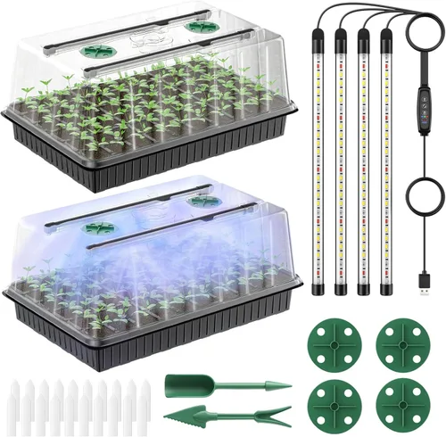 Pawfly Paquete de 2 kits de iniciación de semillas, 120 celdas, bandejas de inicio de semillas con barras de luz de cultivo ajustables y cúpulas de