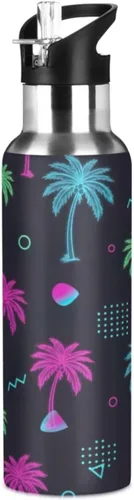 Insulated Stainless Steel Water Bottle with Straw 20 Oz, Leakproof Water Bottles for Gym Outdoor Travel School, Tropical Palm Trees Neon
