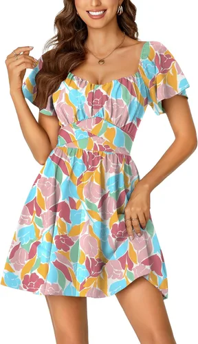 Miniatura 16 de Rooscier Minivestido acampanado de manga corta con volantes, cuello cuadrado, envolvente y espalda anudada para mujer