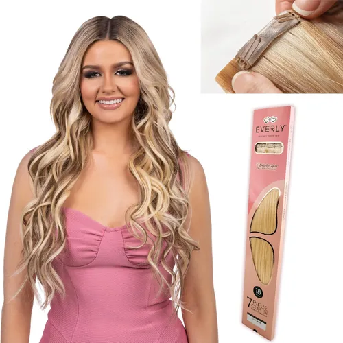 Miniatura 14 de Everly Extensión de cabello con clip, 7 piezas de cabello humano Remy sin costuras con clip de trama de silicona con tecnología de clip de mariposa