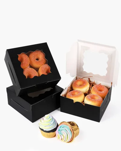 Miniatura 3 de qiqee Caja de panadería negra con ventana, 60 paquetes de 6 x 6 x 3 pulgadas, cajas de galletas negras para pastelería para bodas, cumpleaños y Negro