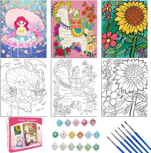 Miniatura 11 de Volmop Paquete de 3 pinturas por números para niños de 8 a 12 años, 10 x 8 pulgadas, lienzo enmarcado con 17 pinturas acrílicas y 6 pinceles Fox