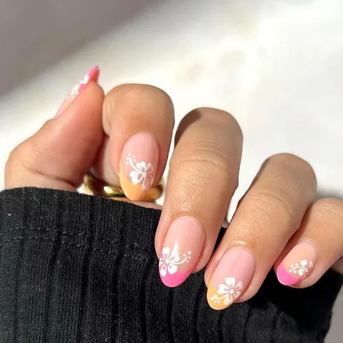 Miniatura 12 de Uñas postizas medianas a presión de almendra, con lazo 3D, perlas y diamantes de imitación, diseños de flores, uñas adhesivas, uñas acrílicas